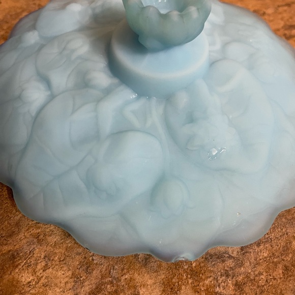 Fenton Water Lily Milk Glass, Blue Satin Custard Pedestal Candy Dish - Picture 15 of 15